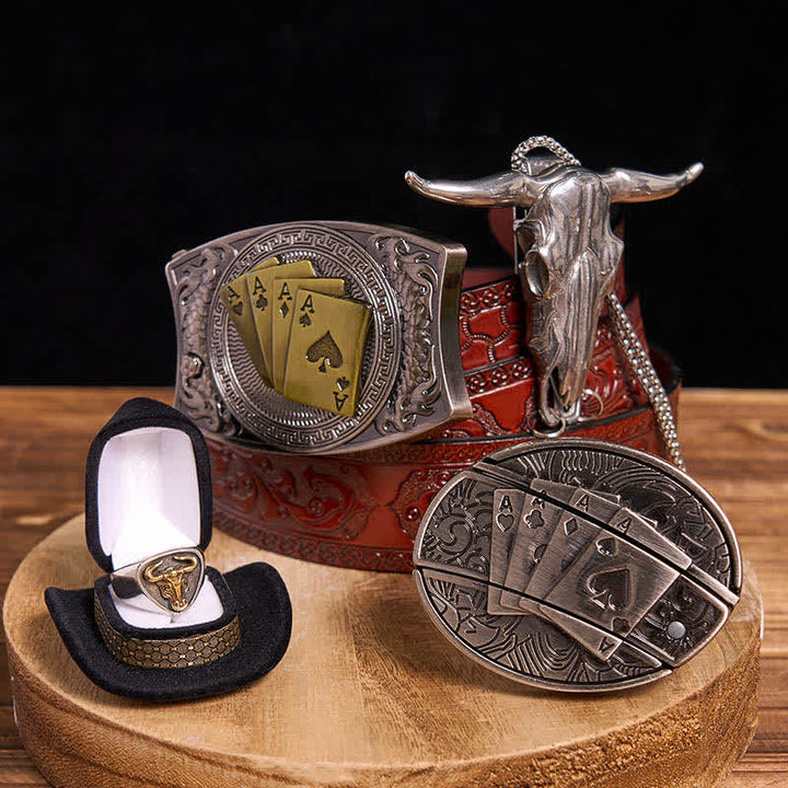DIY Poker Hidden Knife Belt Buckle Bull Ring Longhorn Pendant Bundle Set - Poker - Brown Carved Belt - 42 - image 8
