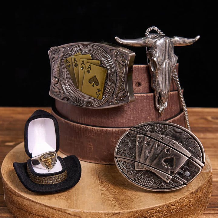 DIY Poker Hidden Knife Belt Buckle Bull Ring Longhorn Pendant Bundle Set - Poker - Brown Distressed Belt - 42 - image 7