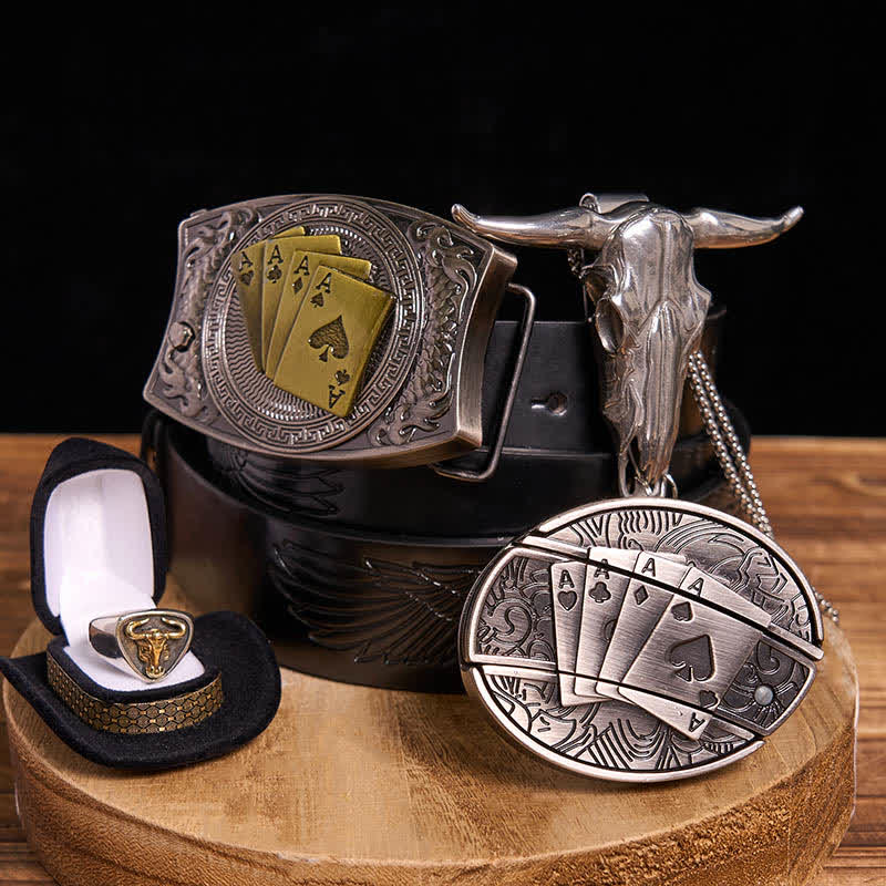 DIY Poker Hidden Knife Belt Buckle Bull Ring Longhorn Pendant Bundle Set - Poker - Black Embossed Eagle Belt - 42 - image 0