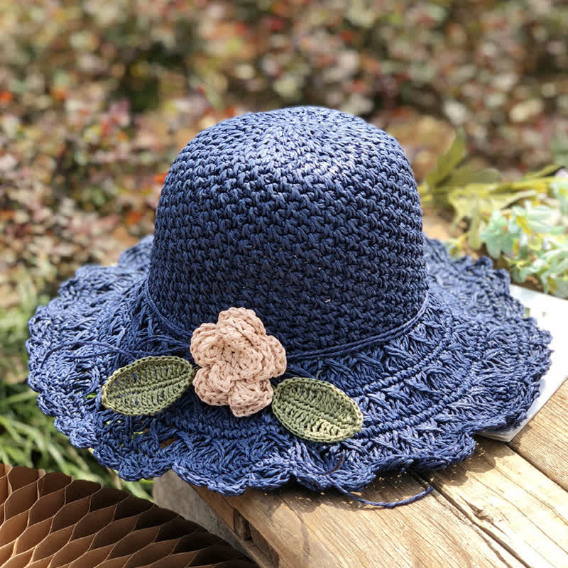 Elegant Flower Detailed Summer Crochet Foldable Straw Hat - Navy - M (22"-22 7/8") - image 7