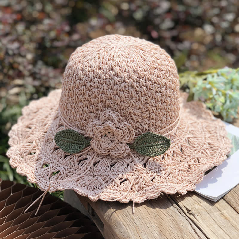 Elegant Flower Detailed Summer Crochet Foldable Straw Hat - Pink - M (22"-22 7/8") - image 9