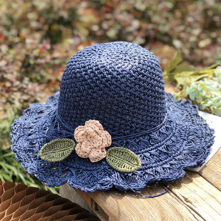 Elegant Flower Detailed Summer Crochet Foldable Straw Hat - Navy - M (22"-22 7/8") - image 7