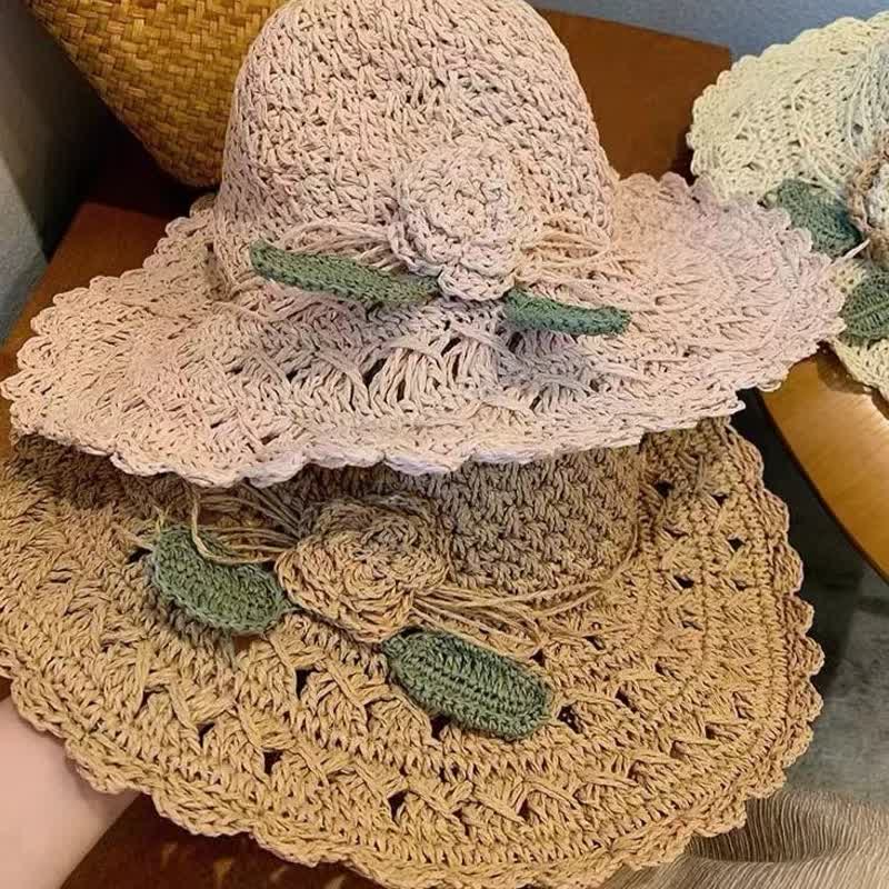 Elegant Flower Detailed Summer Crochet Foldable Straw Hat - image 1