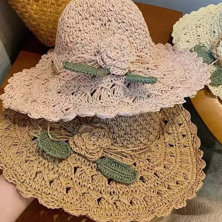 Elegant Flower Detailed Summer Crochet Foldable Straw Hat - image 1