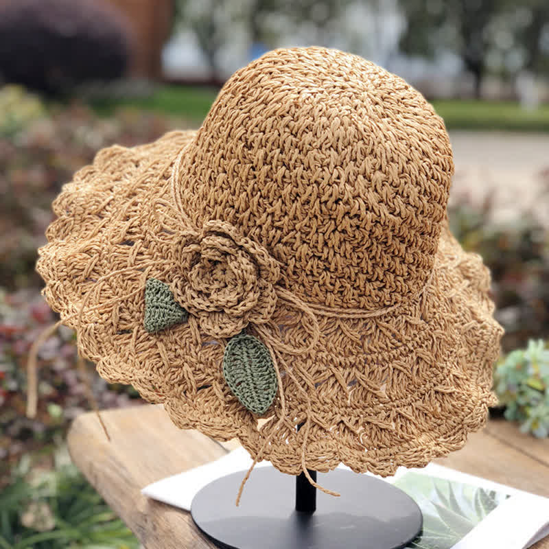 Elegant Flower Detailed Summer Crochet Foldable Straw Hat - Khaki - M (22"-22 7/8") - image 0