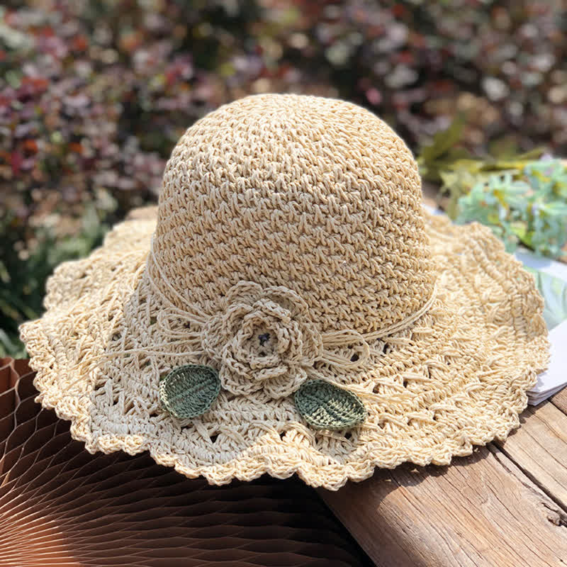 Elegant Flower Detailed Summer Crochet Foldable Straw Hat - Ivory - M (22"-22 7/8") - image 4