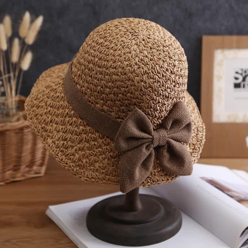 Bow Knot Beach Crochet Foldable Sun Straw Hat - Dark Khaki - M (22"-22 7/8") - image 0
