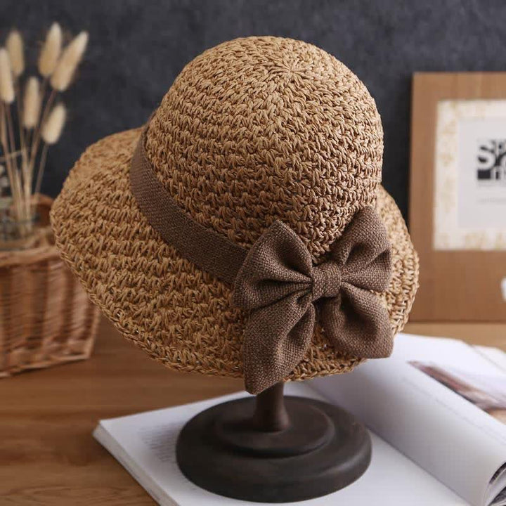 Bow Knot Beach Crochet Foldable Sun Straw Hat - Dark Khaki - M (22"-22 7/8") - image 0