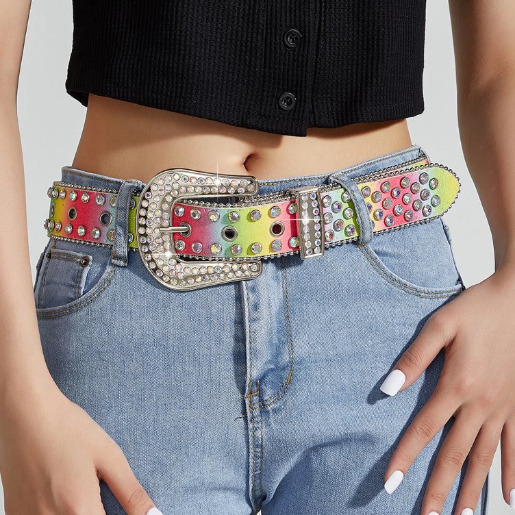 Women's Colorful Rainbow Rhinestone Leather Belt - image 1
