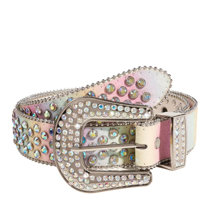 Women's Colorful Rainbow Rhinestone Leather Belt - LightPink - 34 - image 5