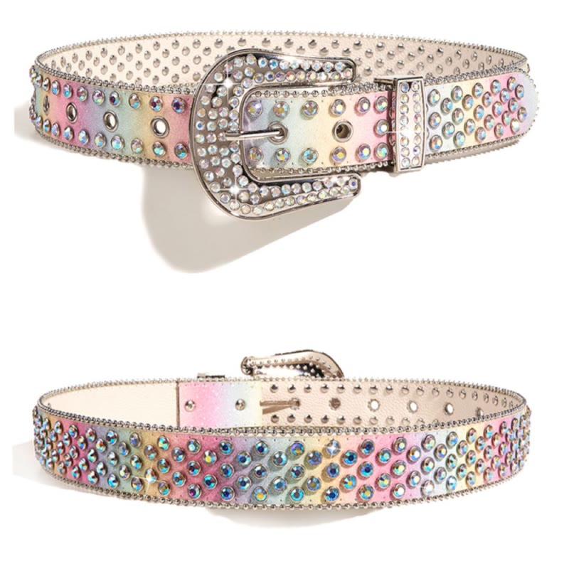Women's Colorful Rainbow Rhinestone Leather Belt - image 7