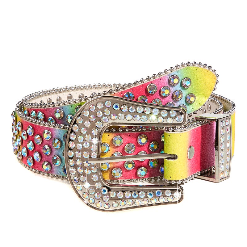Women's Colorful Rainbow Rhinestone Leather Belt - HotPink - 34 - image 0