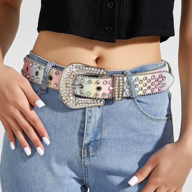 Women's Colorful Rainbow Rhinestone Leather Belt - image 2