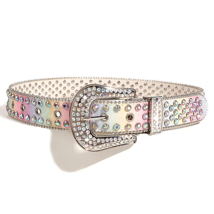 Women's Colorful Rainbow Rhinestone Leather Belt - image 6
