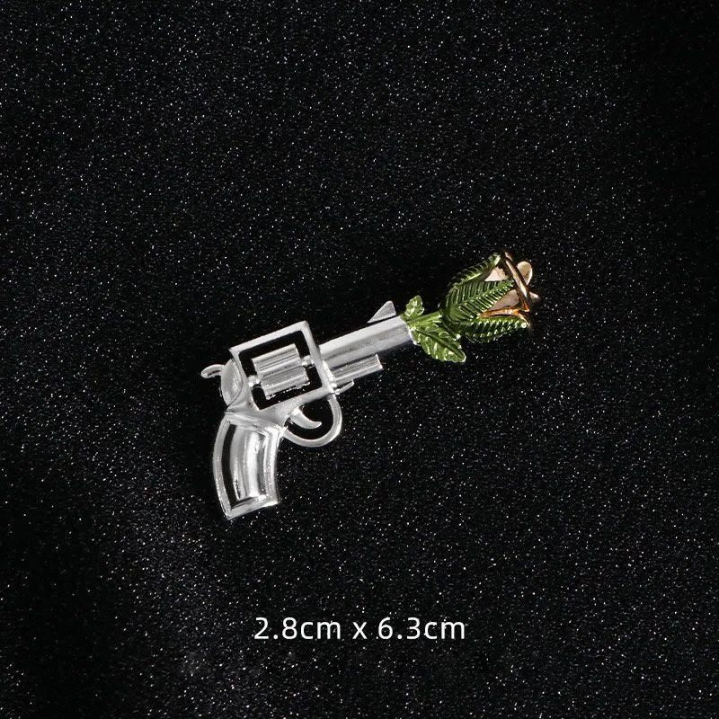 Vintage Pistol Rose Brooch Shirt Accessories - Silver - image 6