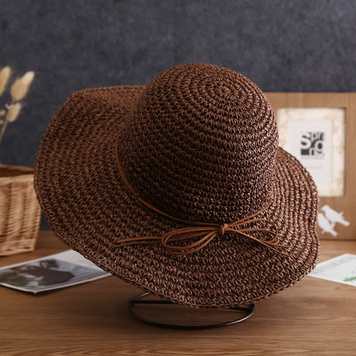 Women's Elegant Wide Brim Summer Foldable Straw Hat - Dark Brown - M (22"-22 7/8") - image 12