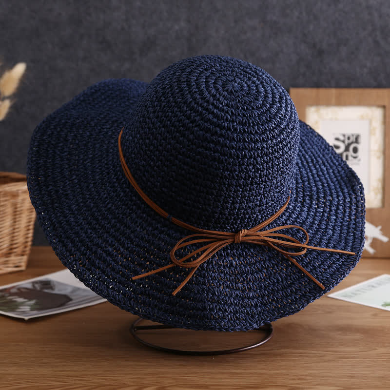 Women's Elegant Wide Brim Summer Foldable Straw Hat - Navy - M (22"-22 7/8") - image 9