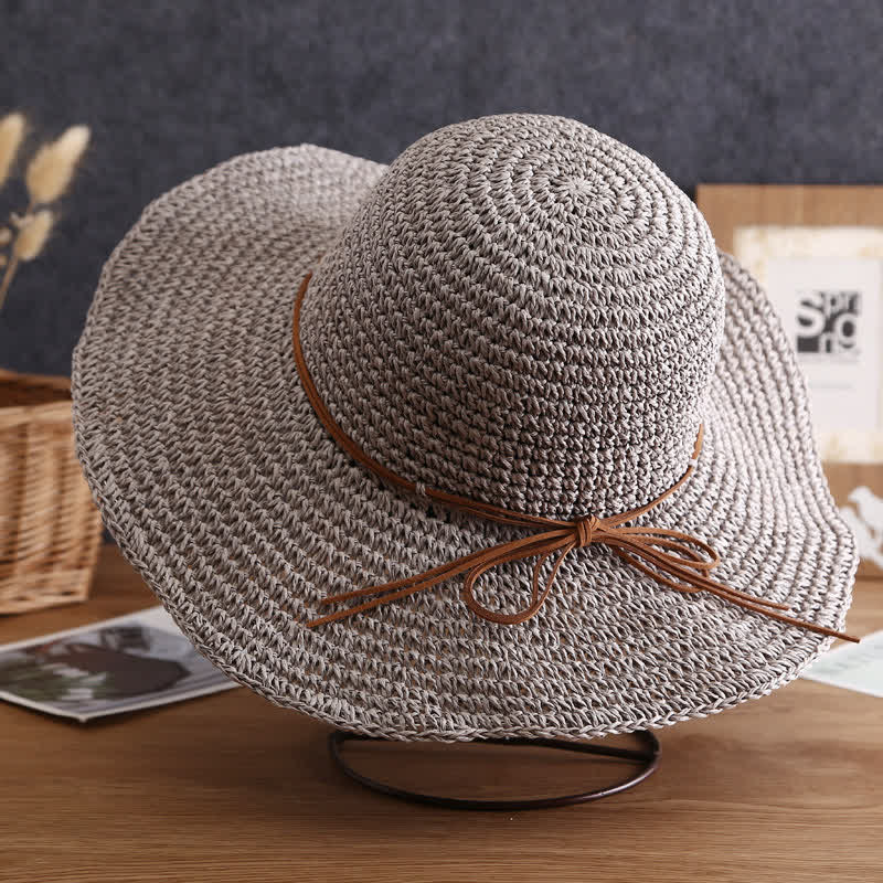 Women's Elegant Wide Brim Summer Foldable Straw Hat - Gray - M (22"-22 7/8") - image 11