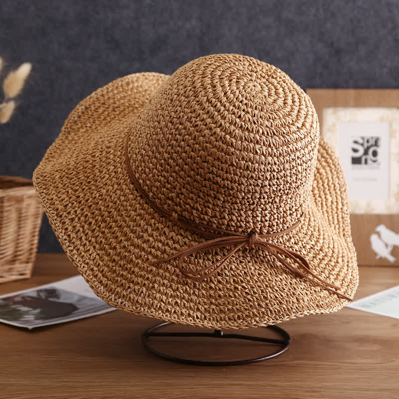 Women's Elegant Wide Brim Summer Foldable Straw Hat - Light Brown - M (22"-22 7/8") - image 0