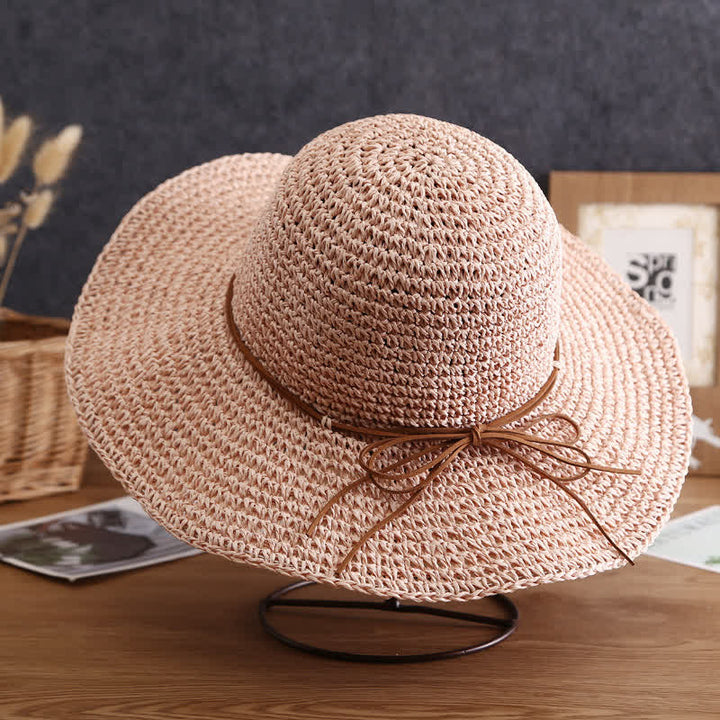 Women's Elegant Wide Brim Summer Foldable Straw Hat - Pink - M (22"-22 7/8") - image 10