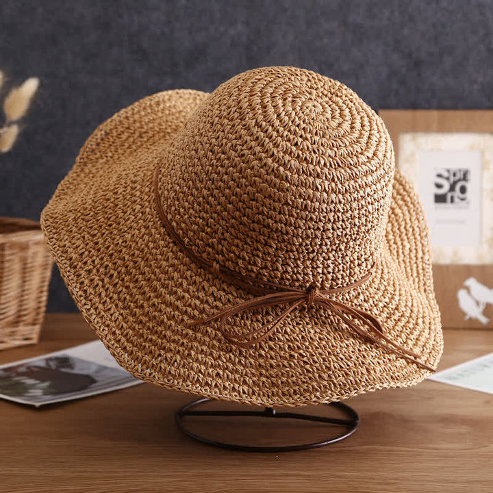 Women's Elegant Wide Brim Summer Foldable Straw Hat - Light Brown - M (22"-22 7/8") - image 0