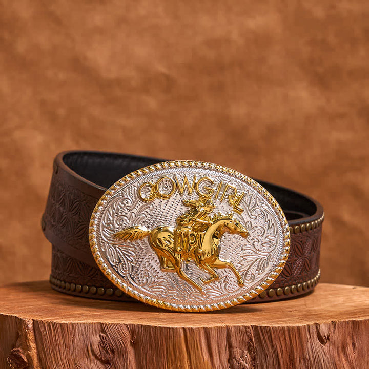 Cowgirl DIY Gold & Silver Horseback Riding Buckle Leather Belt - Gold & Silver - Brown Rivet Belt - 42 - image 5