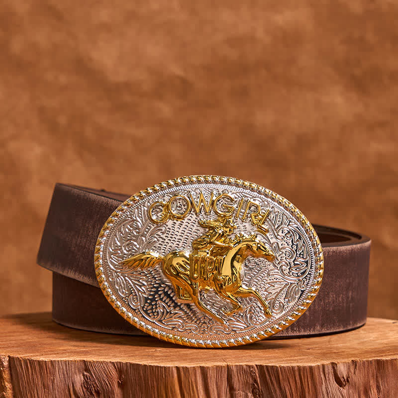 Cowgirl DIY Gold & Silver Horseback Riding Buckle Leather Belt - Gold & Silver - Brown Distressed Belt - 42 - image 6