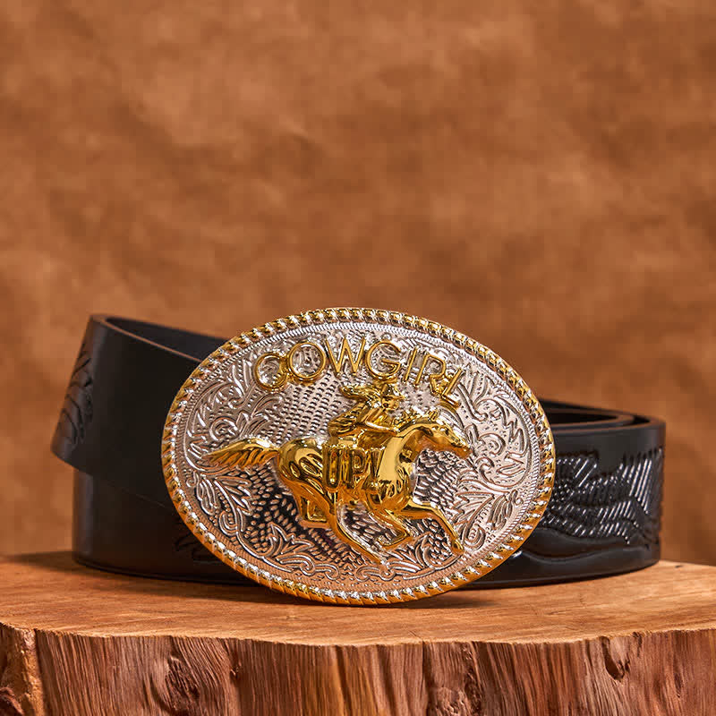 Cowgirl DIY Gold & Silver Horseback Riding Buckle Leather Belt - Gold & Silver - Black Embossed Eagle Belt - 42 - image 3