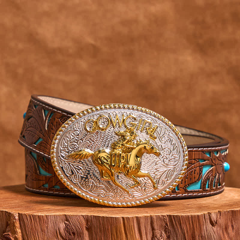 Cowgirl DIY Gold & Silver Horseback Riding Buckle Leather Belt - Gold & Silver - Turquoise Carved Belt - 42 - image 4
