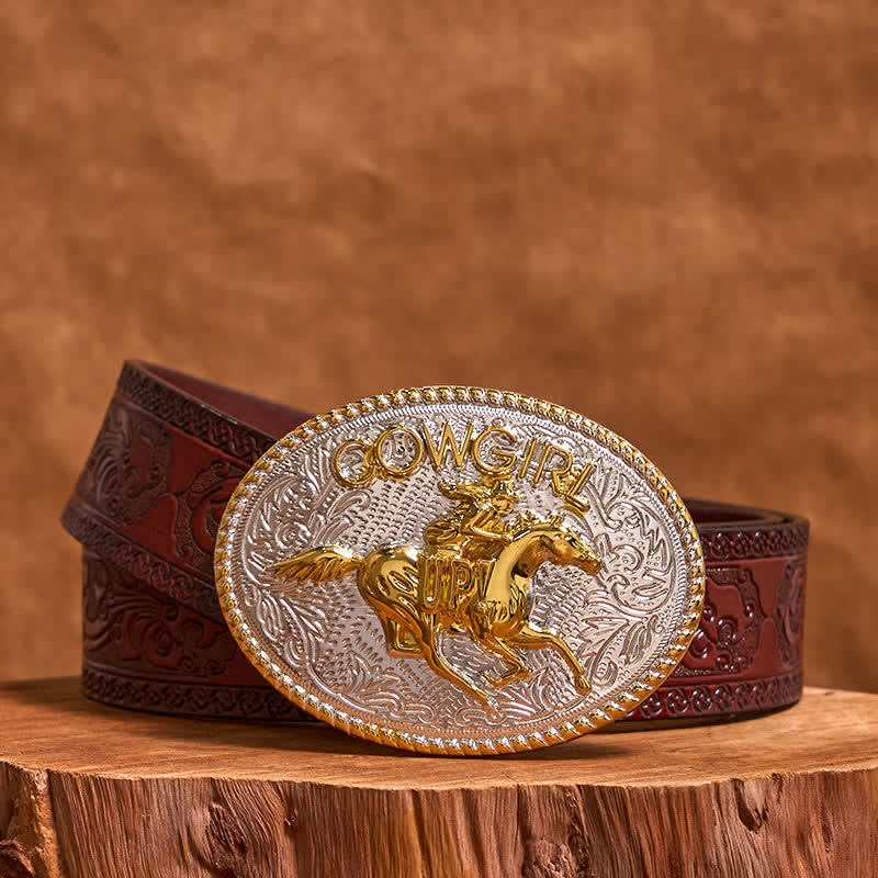 Cowgirl DIY Gold & Silver Horseback Riding Buckle Leather Belt - Gold & Silver - Brown Carved Belt - 42 - image 7