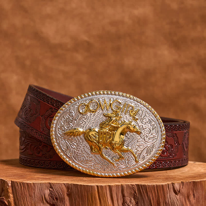 Cowgirl DIY Gold & Silver Horseback Riding Buckle Leather Belt - Gold & Silver - Brown Carved Belt - 42 - image 7