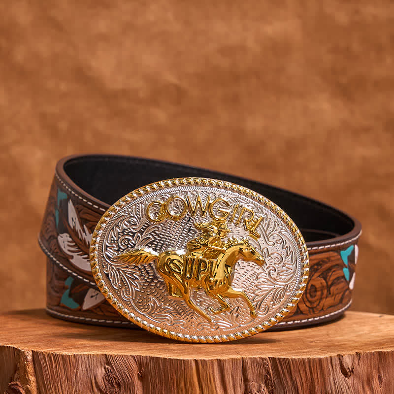 Cowgirl DIY Gold & Silver Horseback Riding Buckle Leather Belt - Gold & Silver - Brown Feather Belt - 40 - image 8