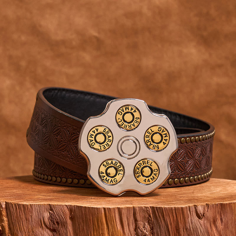 3D Bullet Wheel DIY Western Cowboy Buckle Leather Belt - Bullet Wheel - Brown Rivet Belt - 42 - image 4