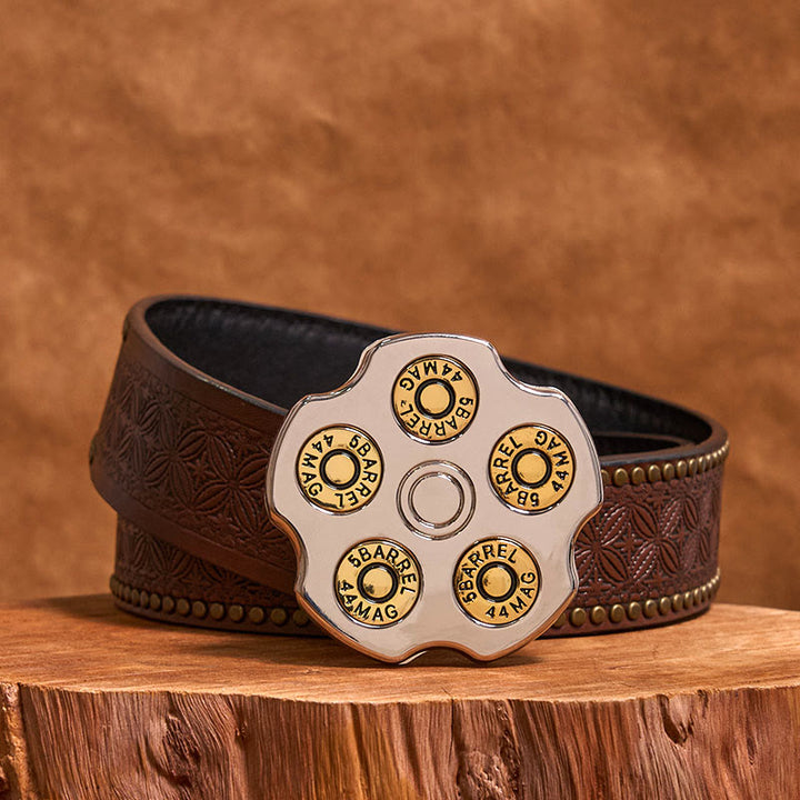 3D Bullet Wheel DIY Western Cowboy Buckle Leather Belt - Bullet Wheel - Brown Rivet Belt - 42 - image 4