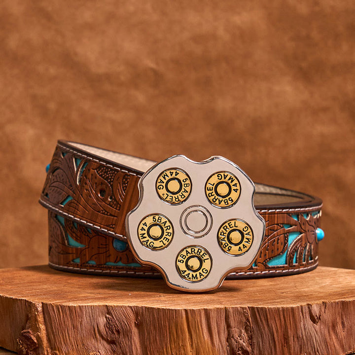 3D Bullet Wheel DIY Western Cowboy Buckle Leather Belt - Bullet Wheel - Turquoise Carved Belt - 42 - image 3