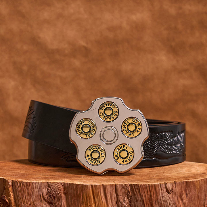 3D Bullet Wheel DIY Western Cowboy Buckle Leather Belt - Bullet Wheel - Black Embossed Eagle Belt - 42 - image 2