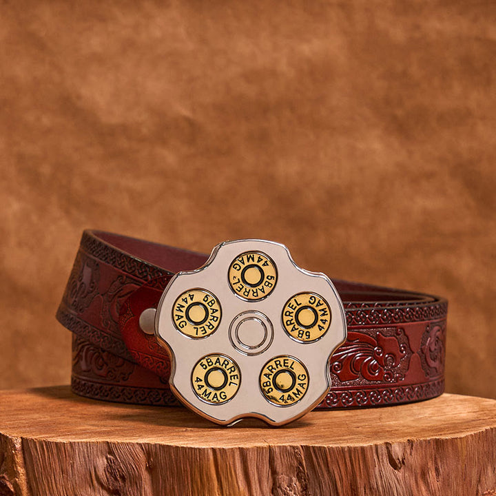 3D Bullet Wheel DIY Western Cowboy Buckle Leather Belt - Bullet Wheel - Brown Carved Belt - 42 - image 6