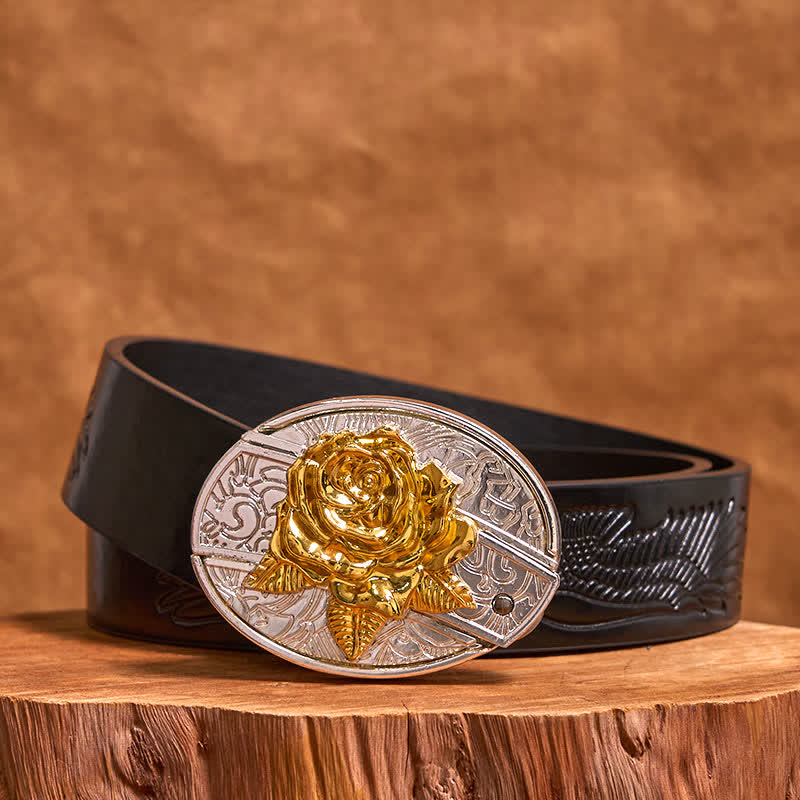 Men's DIY Gold & Silver Rose Hidden Folding Knife Leather Belt - Rose - Black Embossed Eagle Belt - 42 - image 4