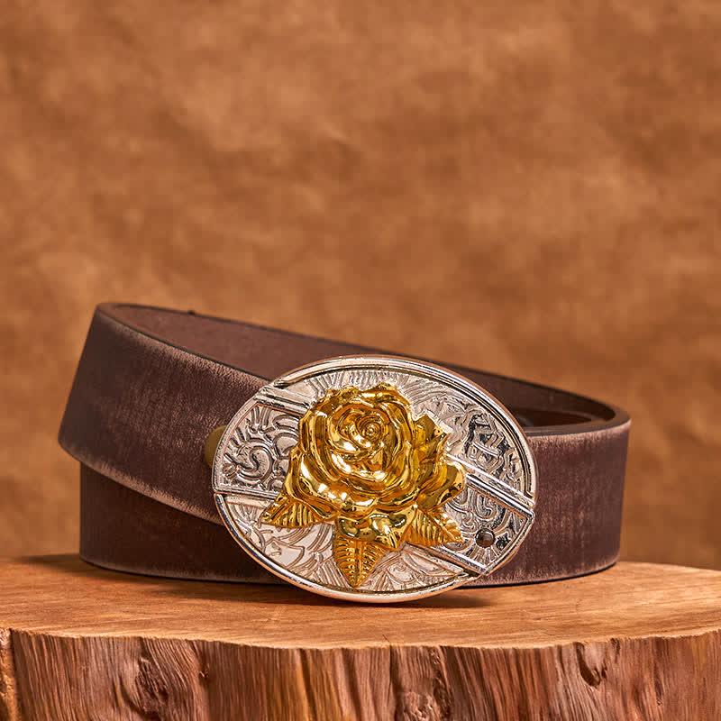 Men's DIY Gold & Silver Rose Hidden Folding Knife Leather Belt - Rose - Brown Distressed Belt - 42 - image 6