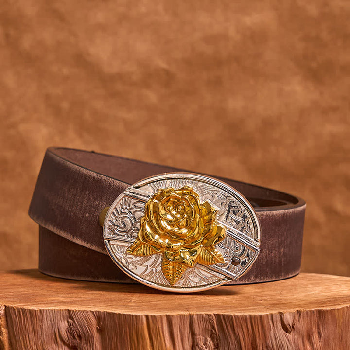 Men's DIY Gold & Silver Rose Hidden Folding Knife Leather Belt - Rose - Brown Distressed Belt - 42 - image 6