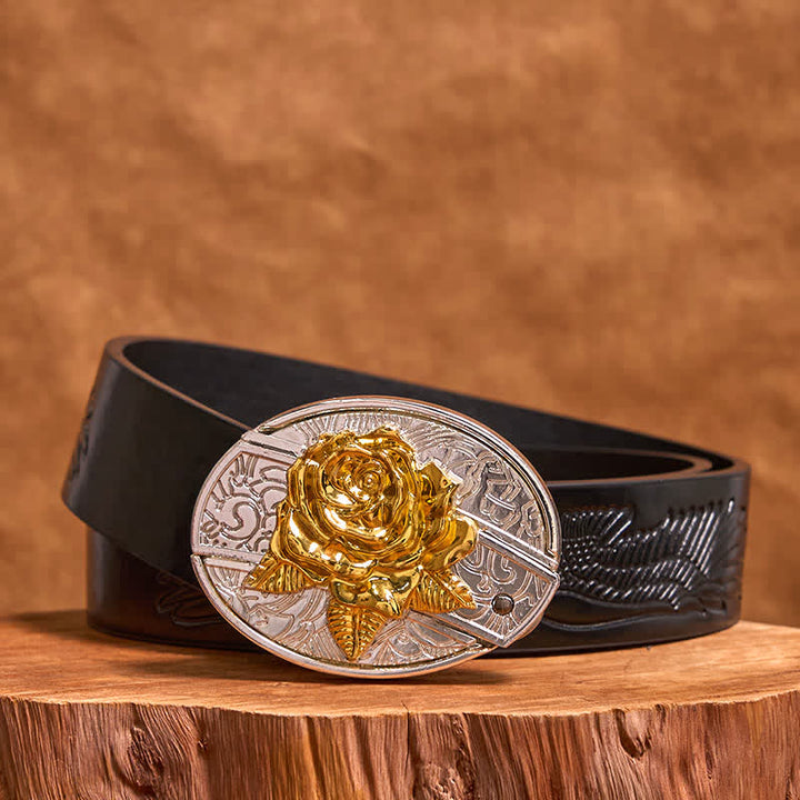 Men's DIY Gold & Silver Rose Hidden Folding Knife Leather Belt - Rose - Black Embossed Eagle Belt - 42 - image 3