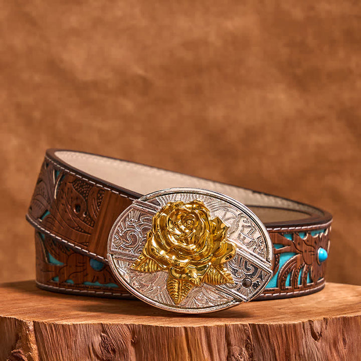 Men's DIY Gold & Silver Rose Hidden Folding Knife Leather Belt - Rose - Turquoise Carved Belt - 42 - image 4