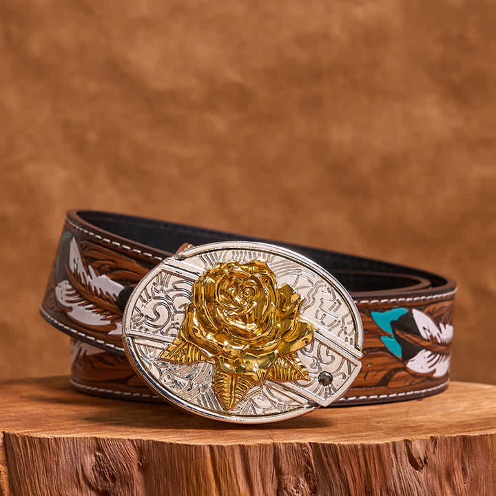 Men's DIY Gold & Silver Rose Hidden Folding Knife Leather Belt - Rose - Brown Feather Belt - 40 - image 8
