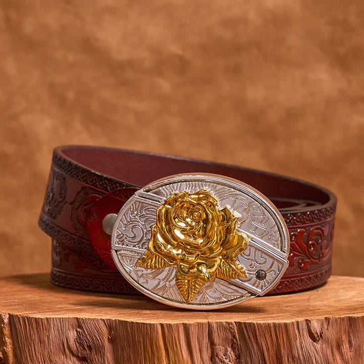Men's DIY Gold & Silver Rose Hidden Folding Knife Leather Belt - Rose - Brown Carved Belt - 42 - image 8