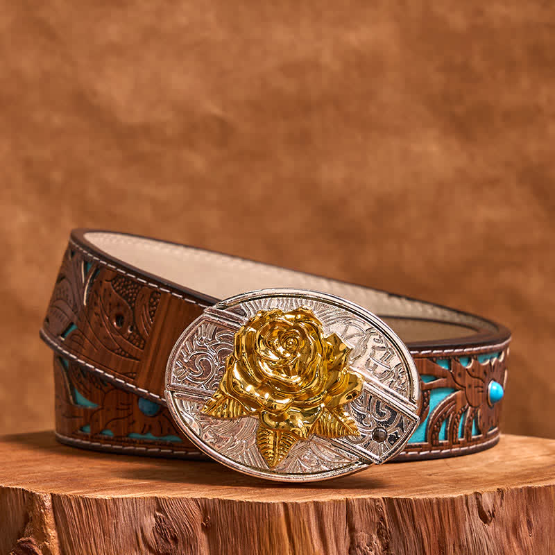Men's DIY Gold & Silver Rose Hidden Folding Knife Leather Belt - Rose - Turquoise Carved Belt - 42 - image 4
