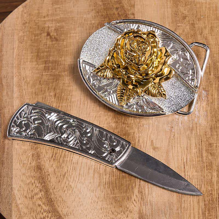 Men's DIY Gold & Silver Rose Hidden Folding Knife Leather Belt - image 3