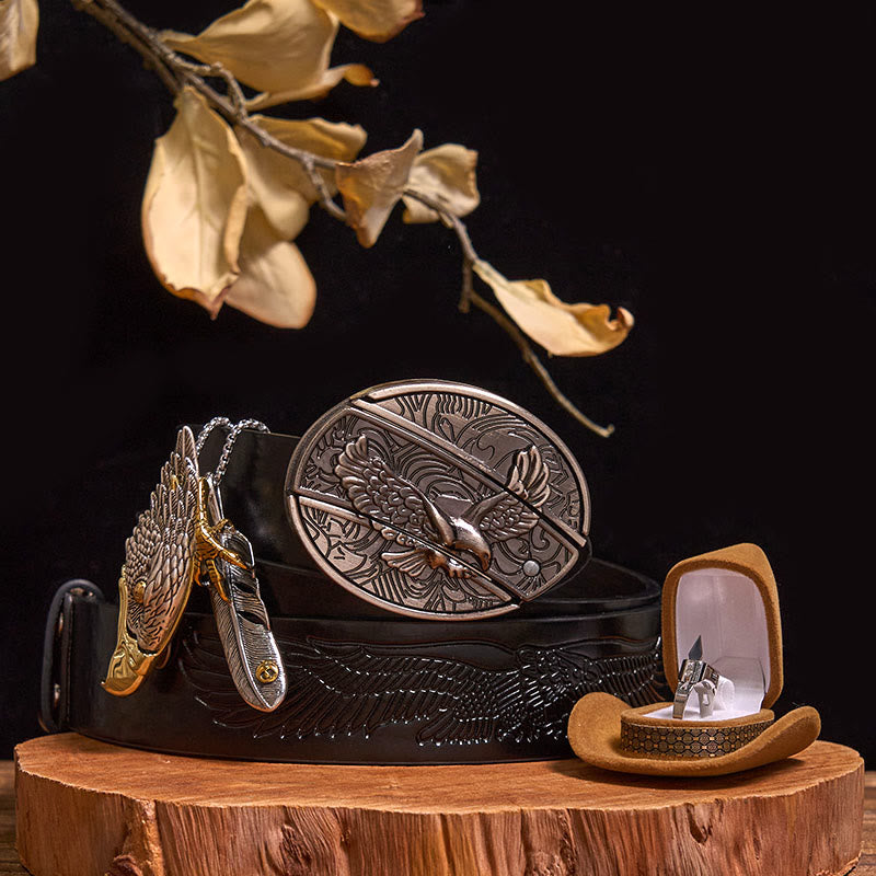 Bald Eagle Pendant DIY Hidden Knife Belt Buckle Ring Bundle Set - Eagle - Black Embossed Eagle Belt - 42 - image 0