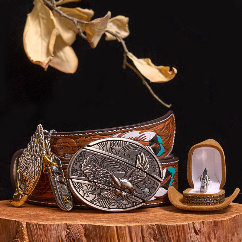 Bald Eagle Pendant DIY Hidden Knife Belt Buckle Ring Bundle Set - Eagle - Brown Feather Belt - 40 - image 8