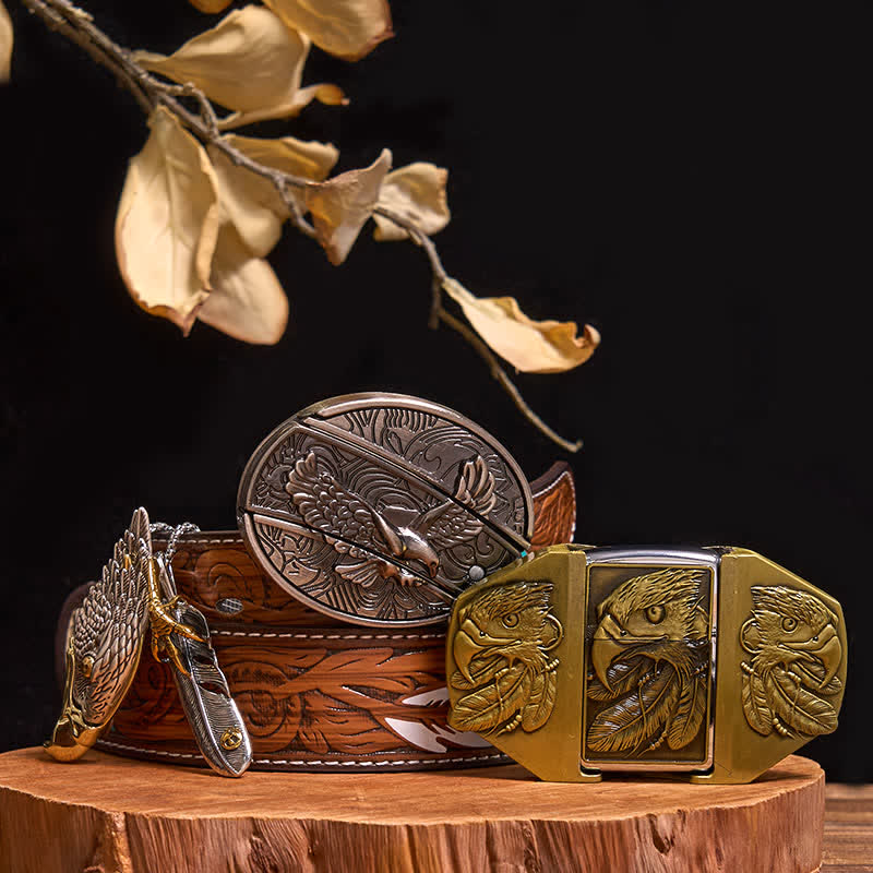 Eagle DIY Hidden Knife Belt Buckle Lighter Eagle Hidden Pendant Bundle Set - Eagle - Brown Feather Belt - 40 - image 0