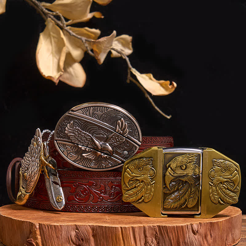 Eagle DIY Hidden Knife Belt Buckle Lighter Eagle Hidden Pendant Bundle Set - Eagle - Brown Carved Belt - 42 - image 12